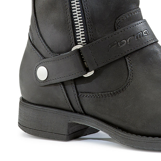 Forma Eva womens black motorcycle boots strap and zip